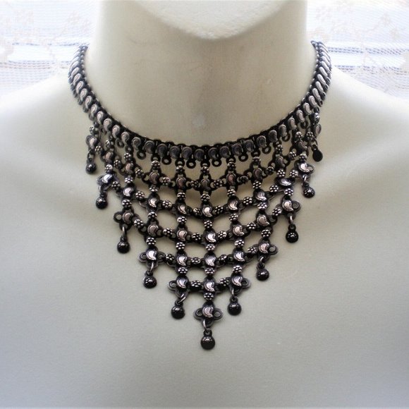 Vintage Rajasthan India Signed RA Sterling Silver BIB Necklace Choker Collier